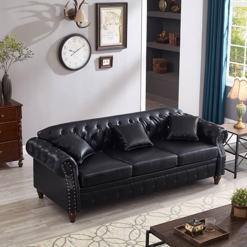 Chesterfield Sofa Classic Tufted Technical Leather Lounge Couch with Hidden Storage, Nailhead Trim and Pillows, for Living Room