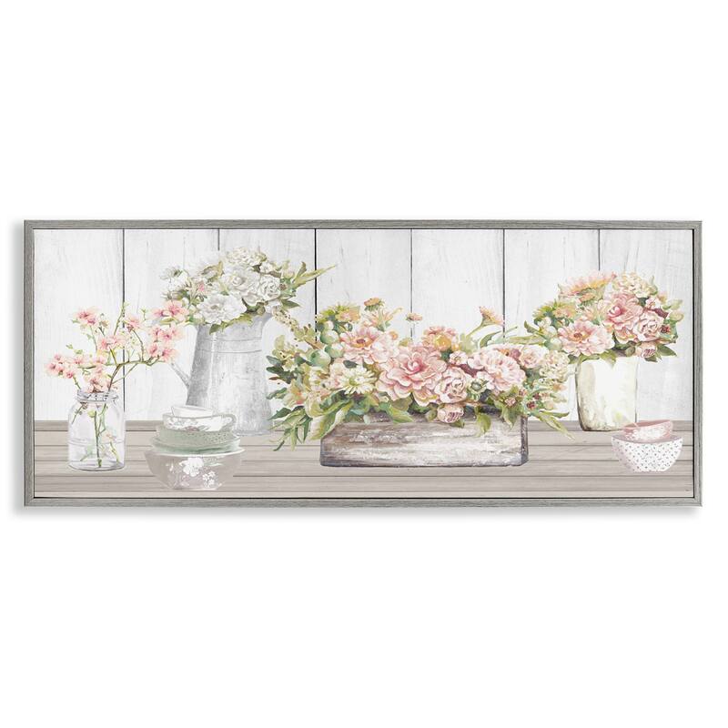 Stupell Farm Table Bouquet Still Life Lush Pink Florals Framed Wall Art - 24 x 10 - Grey