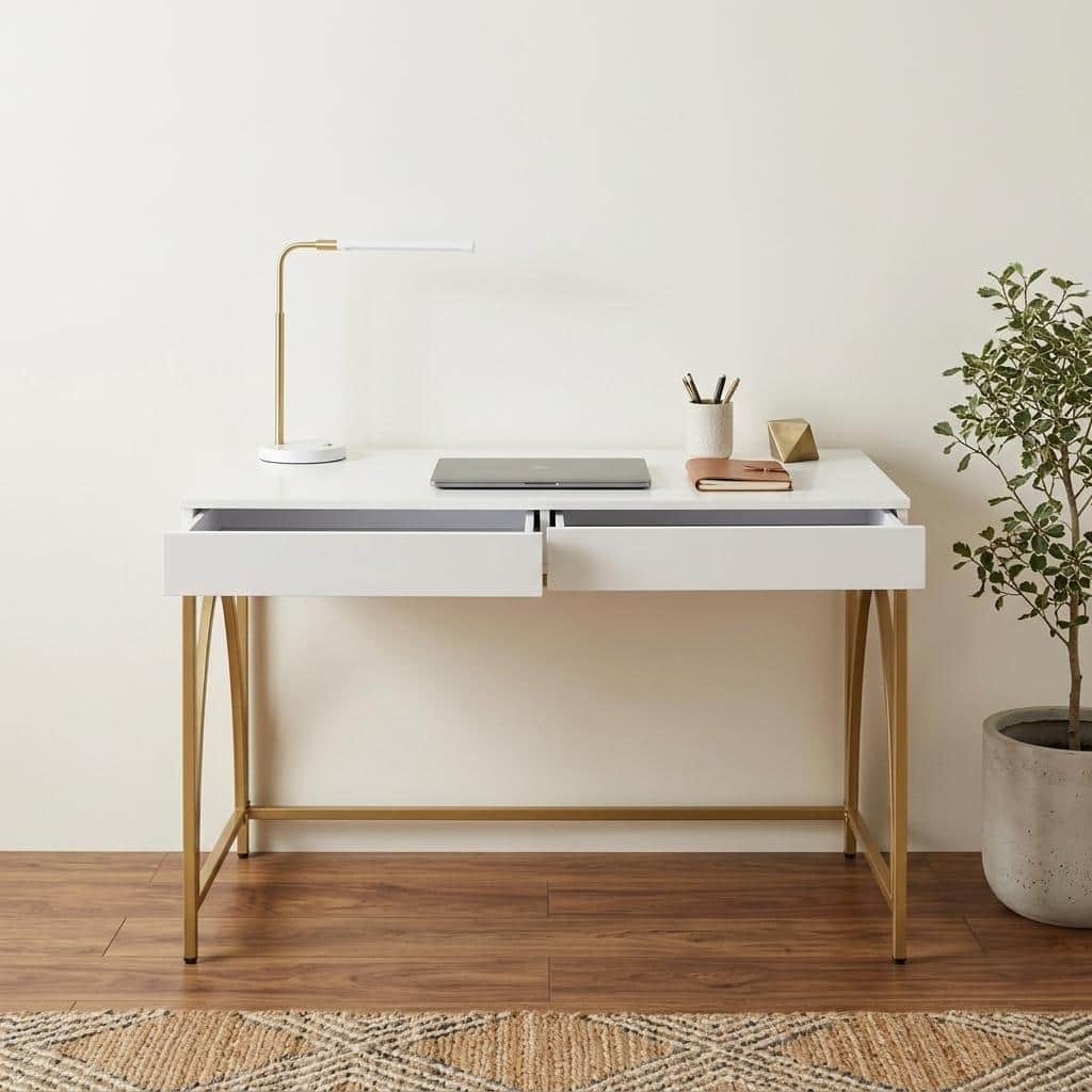 HomeRoots 50" White and Gold Writing Desk With Two Drawers