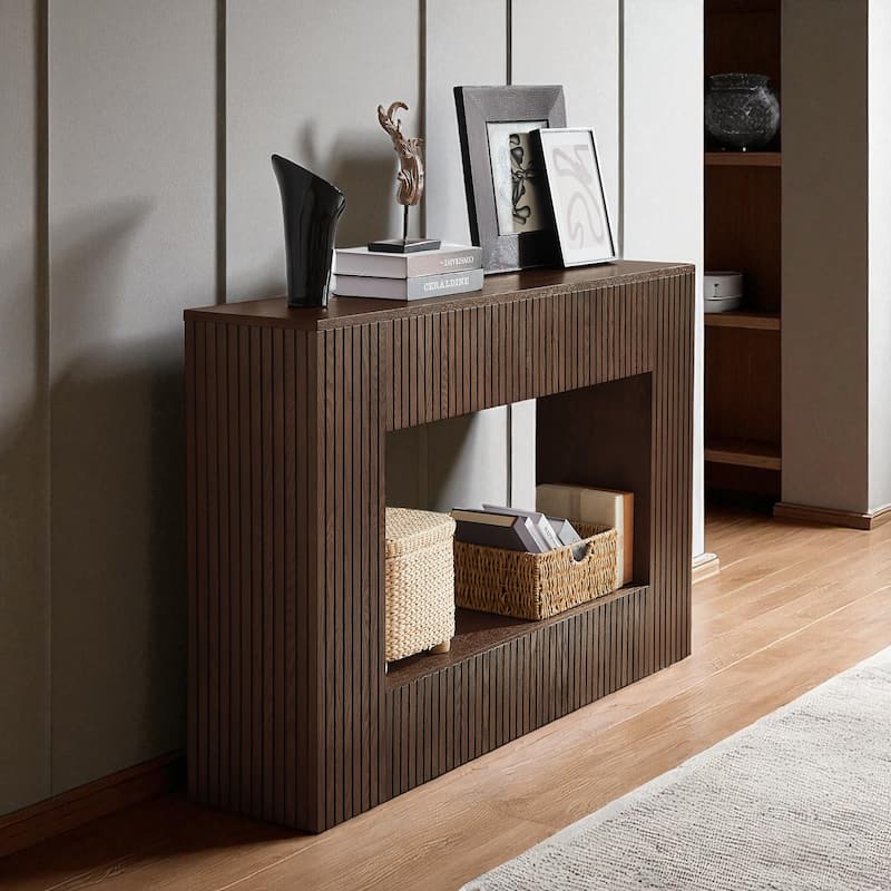 55" Modern Slatted Console Table, Narrow Entryway Table with Ash Veneer for Hallway or Foyer