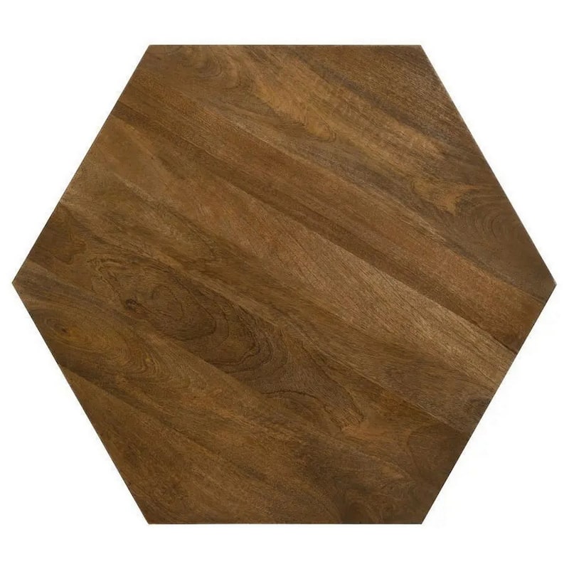35 Inch Wood Drum Coffee Table, Artisan Hexagonal Rich Natural Brown Finish