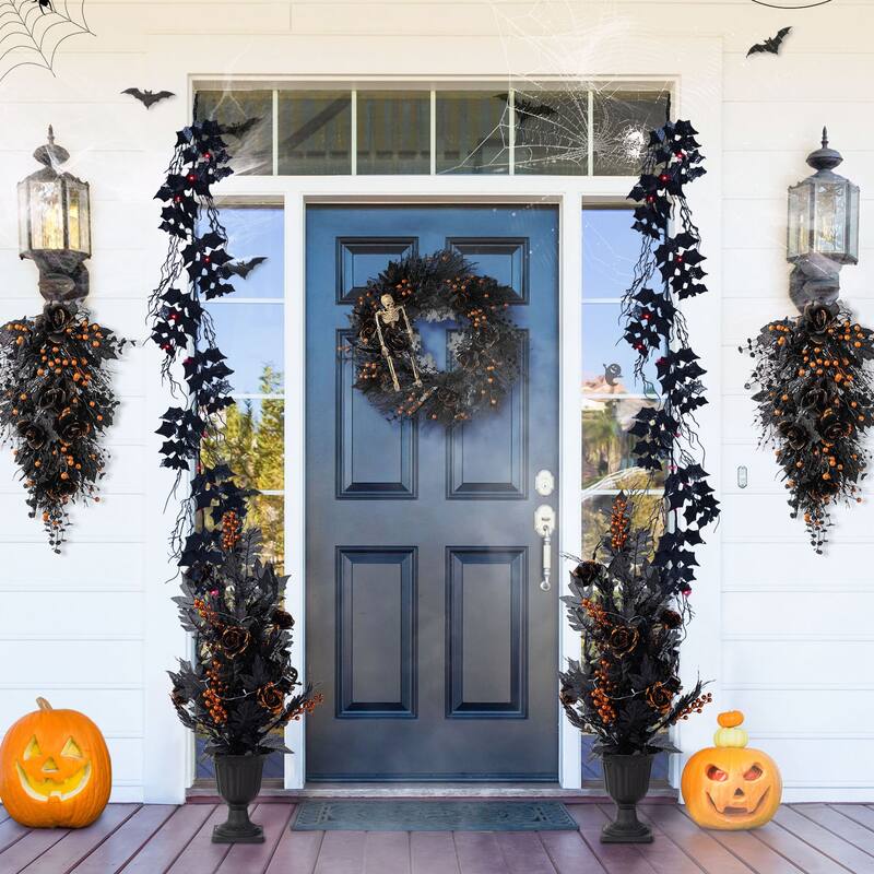 Glitzhome 36"H Halloween Lighted Black Rose Urn Porch Tree with Timer