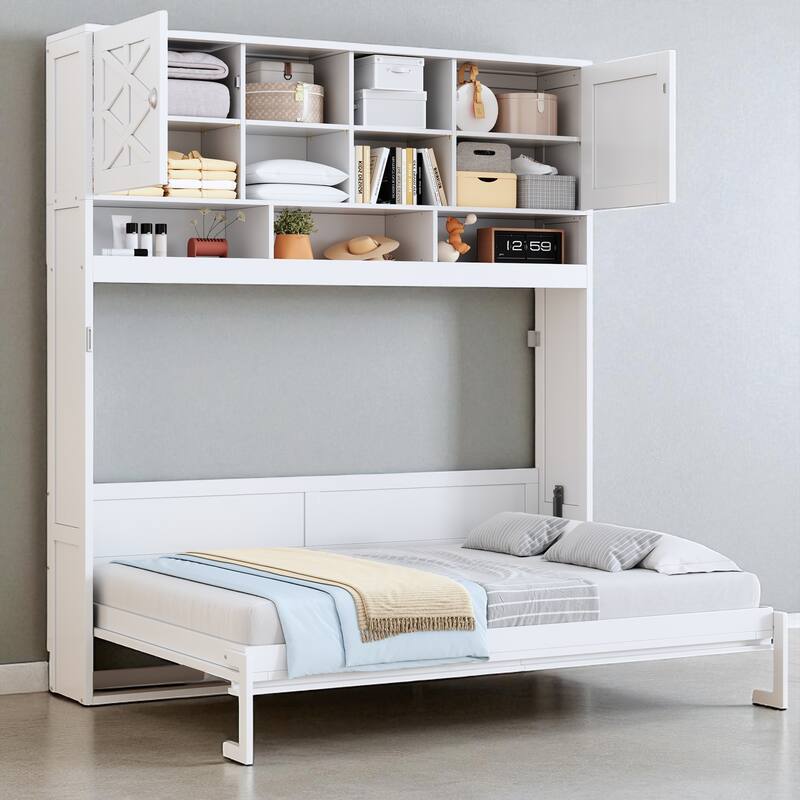 Queen Wall Murphy Bed with Storage, Hydraulic Lift, Diamond Stripe Panels, Space-Saving Fold Up Cabinet, Fits 6-8" Mattress - White - Queen