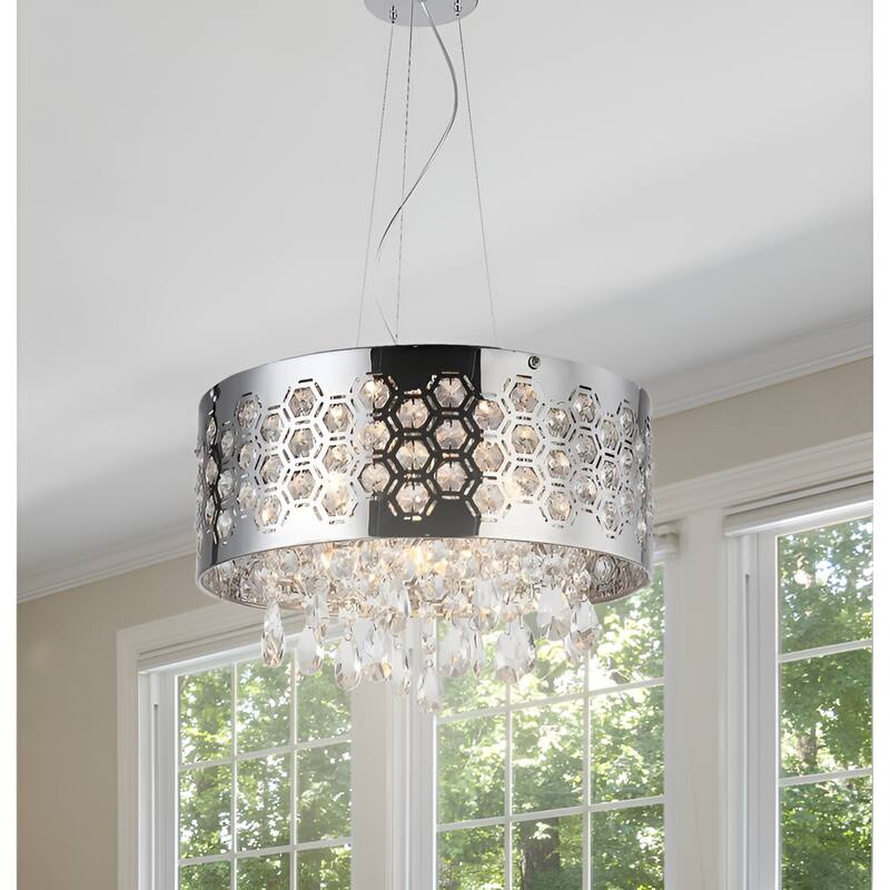 Hexagon Patterned 6-Light Drum Silver Luxury Pendant Light - N/A - Chrome/Silver