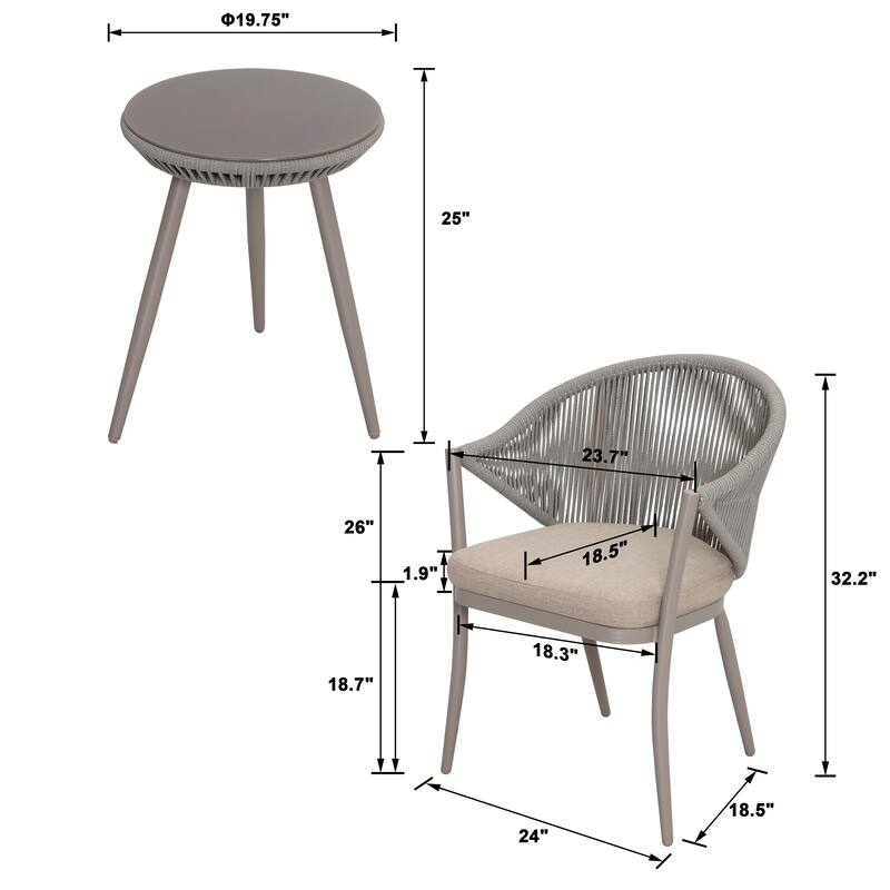 NUU GARDEN 3-Piece Aluminum Patio Furniture Bistro Set with Cushions