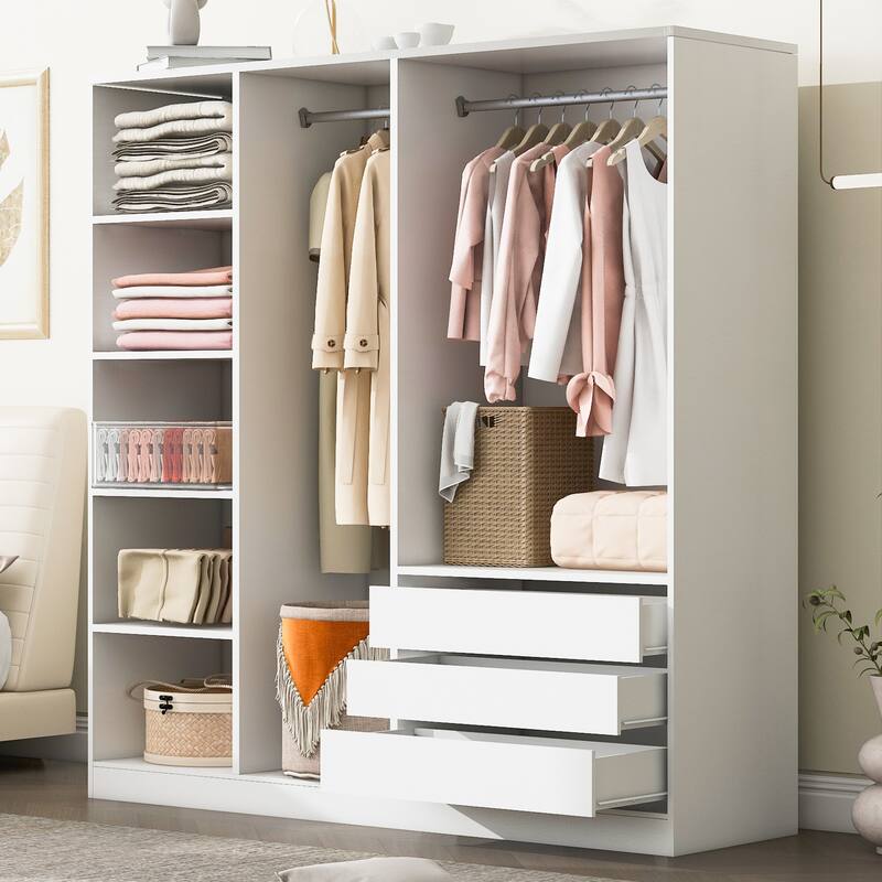 Doorless Wooden Storage Wardrobe with Drawers, White Clothing Storage Cabinet Organizer with Open Shelves - White