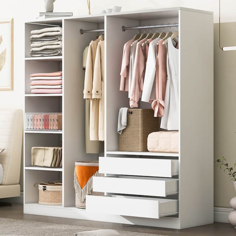 Open Armoire Wardrobe with 3 Drawers 67.70 Inch Freestanding Wardrobe with Clothes Rail Wooden Bedroom Storage Cabinet