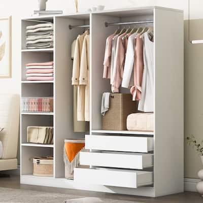 Open Wooden Wardrobe Armoire with Shelves, 3 Drawers and 2 Hanging Rods, Doorless Closet Storage Cabinet for Bedroom