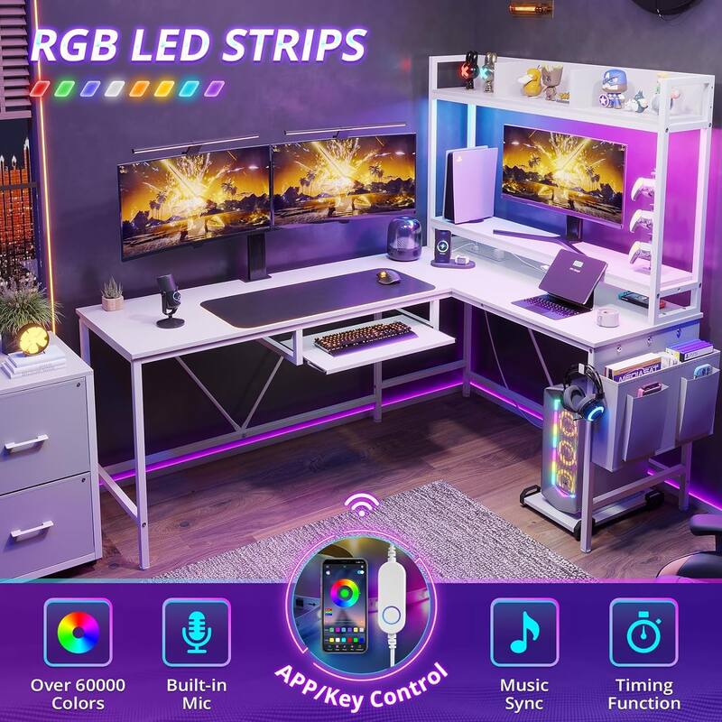 Reversible L Shaped Gaming Desk Power Outlet LED Light