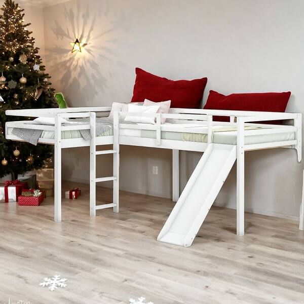 slide 2 of 14, Artsy & Multi-Functional L-Shaped Twin Size Loft Bed with Ladder and Slide, Space-saving Design and Sturdy Construction, White White