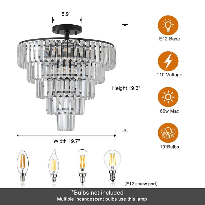 20-Inch Black Crystal Chandelier, Modern 10-Light Flush Mount, Elegant Lighting for Living/Dining/Bedroom (No Bulbs) - 20"