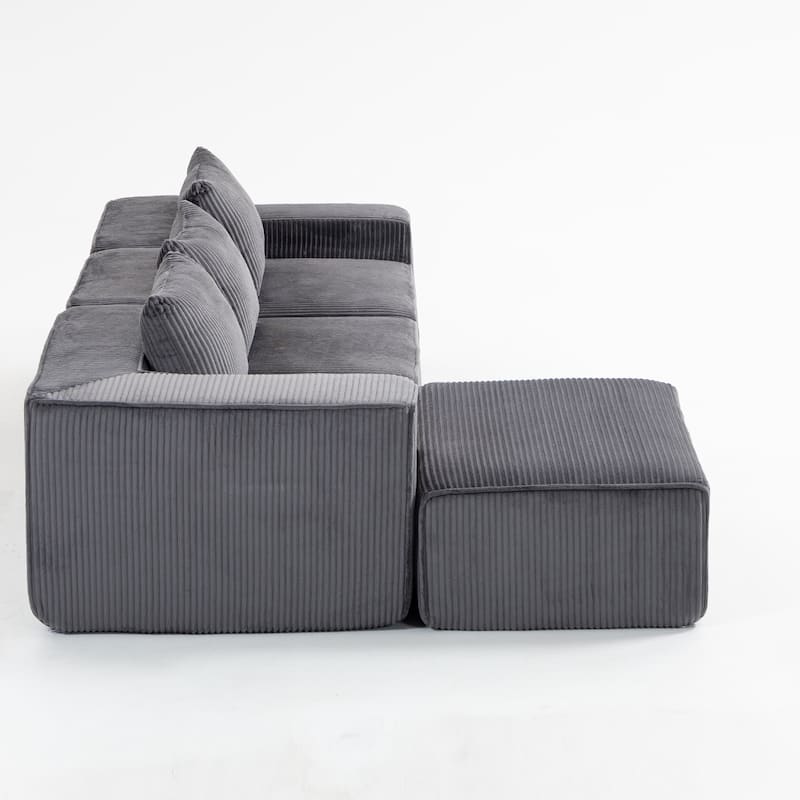 Modular Sleeper Sofa Bed Corduroy L-shaped Sectional Sofa with Chaise Floor Standing Multi Person Compressed Sofa with Ottoman