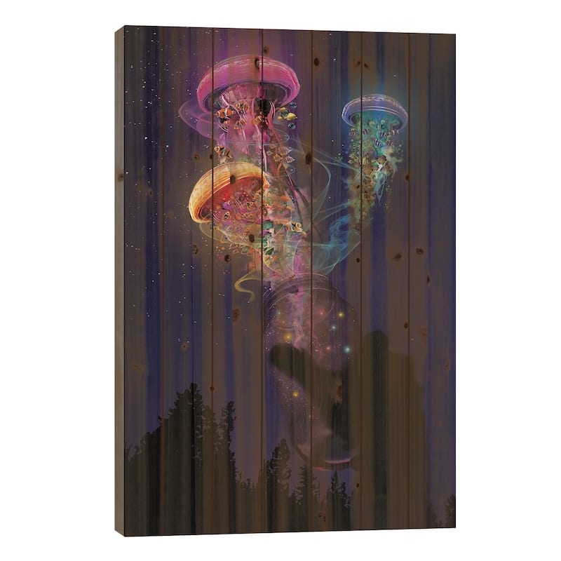 Jellyfish Out Of A Jar Print On Wood by David Loblaw - Multi-Color - 26x18x1.5