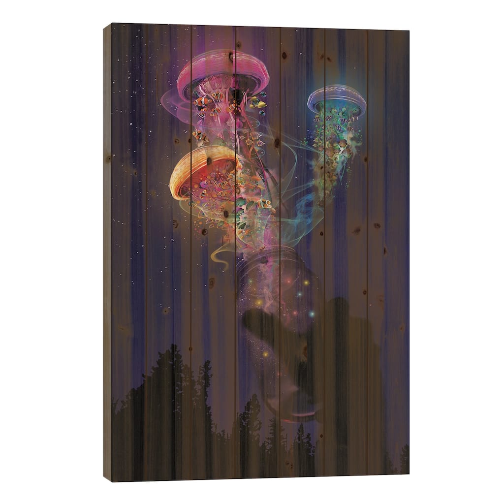 Jellyfish Out Of A Jar Print On Wood by David Loblaw - Multi-Color