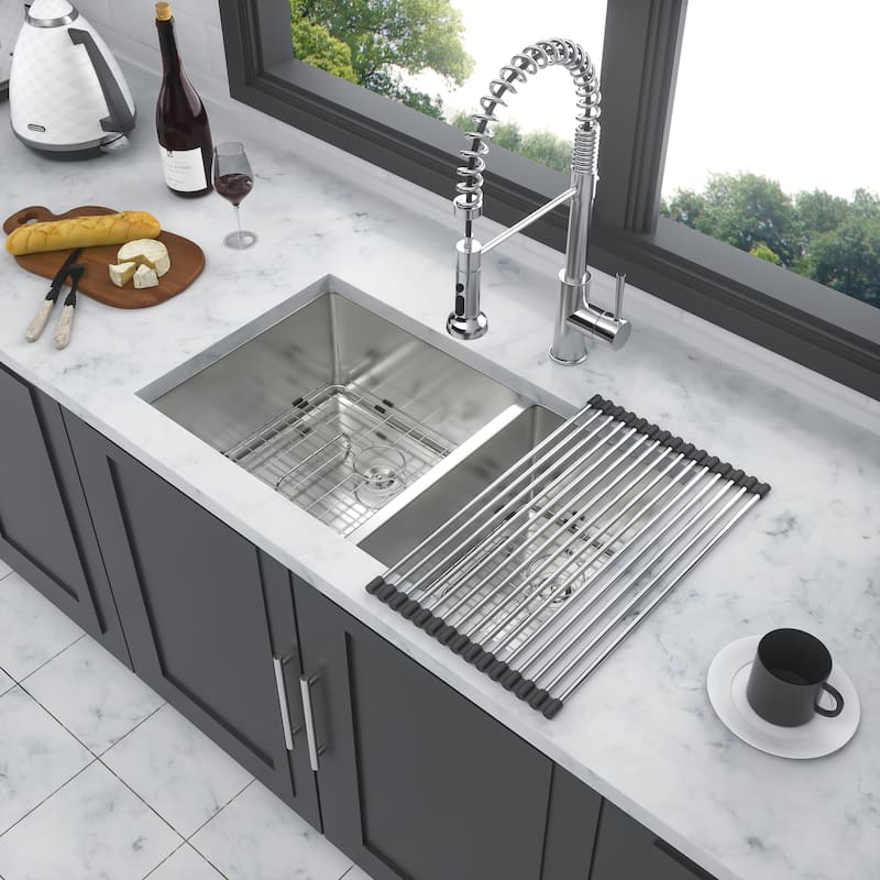 32 Inch Undermount Double Bowl 16 Gauge Stainless Steel Kitchen Sink in Brushed Nickel - 32'' x 18'' x 9''