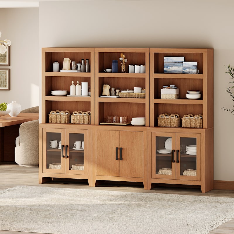 WAMPAT 74" Tall Bookshelf with Glass Doors, Farmhouse Bookcase with Open Shelves