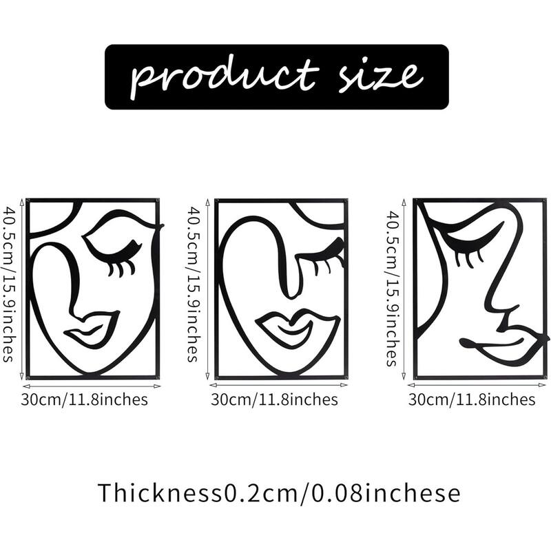 Cinq 3 Piece Set Wall Decor, Face Line Drawing Abstract Design, Black Rectangular Metal Frame