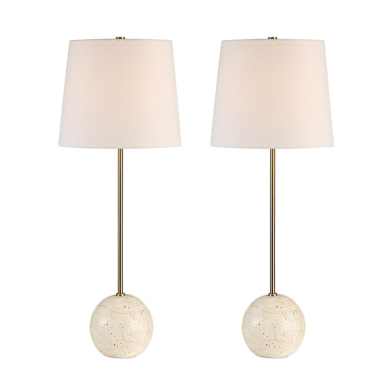 Travertine Base Table Lamp with Tapered Drum Shade - 28.25" - Cream - Set of 2