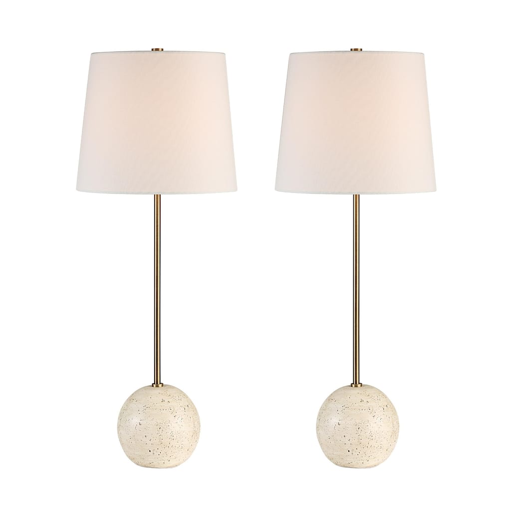 Travertine Base Table Lamp with Tapered Drum Shade - 28.25" - Cream - Set of 2