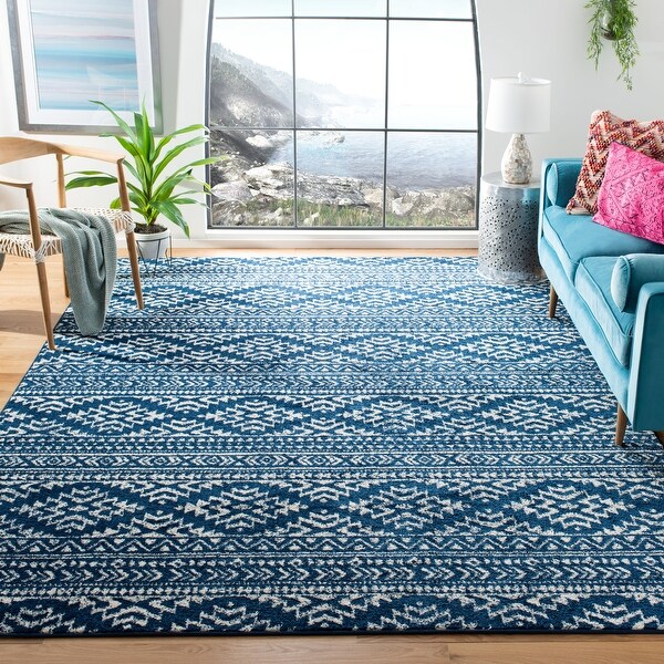 Safavieh Tulum Collection Läufer – 61 X 227 Cm, Elfenbein/Marineblau, Marokkanischer Boho-Stil, Mittlerer Flor 1 Cm