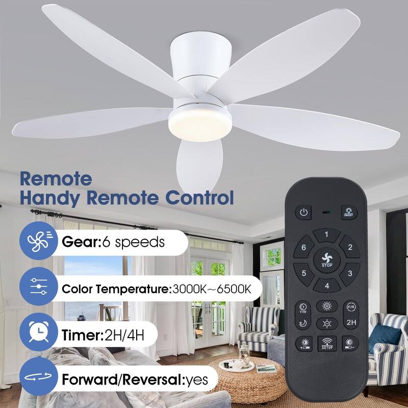 36"/42"/48" Low Profile Ceiling Fan with ABS Blades 3 Color LED Flush Mount for Bedroom Living Room APP and Remote Control