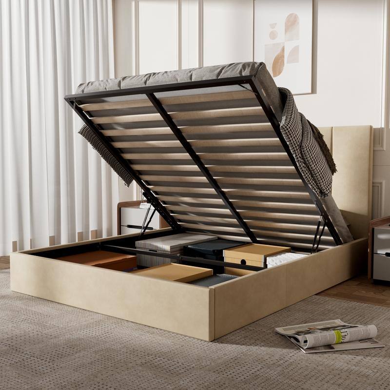 Full Size Lift-Up Storage Bed, White - Beige - Queen