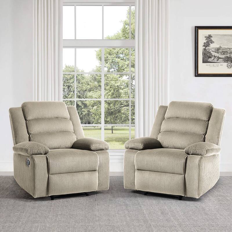 Overstuffed Cotton Corduroy Manual Pushback Recliner with Wide Armrest - Oatmeal Corduroy/2-Piece