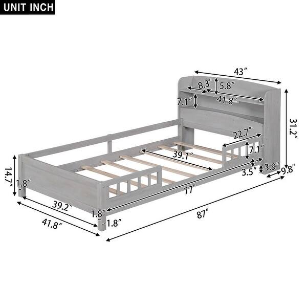 Wooden Twin Size Platform Bed Frame with LED Light and Storage Headboard, Grey