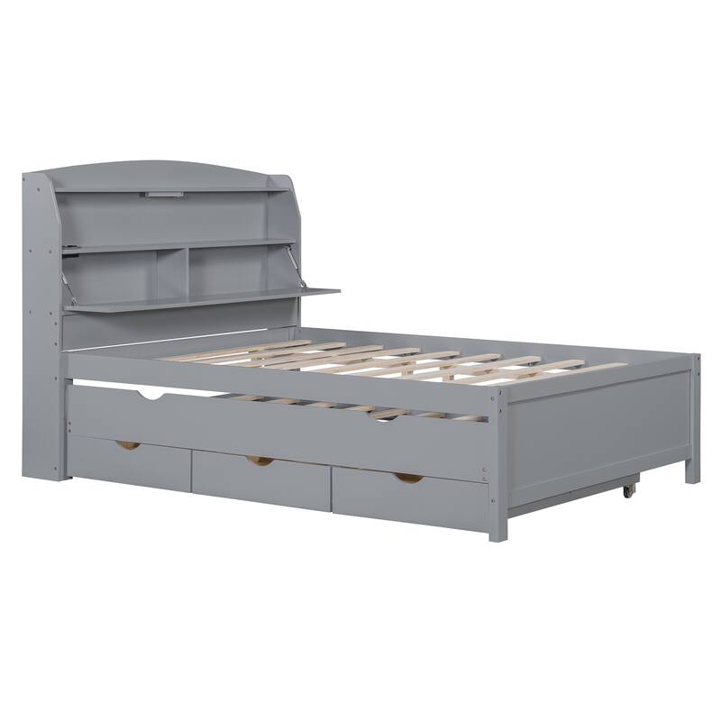 Full Size Wooden LED Platform Bed with Trundle, Storage Headboard and Drawers