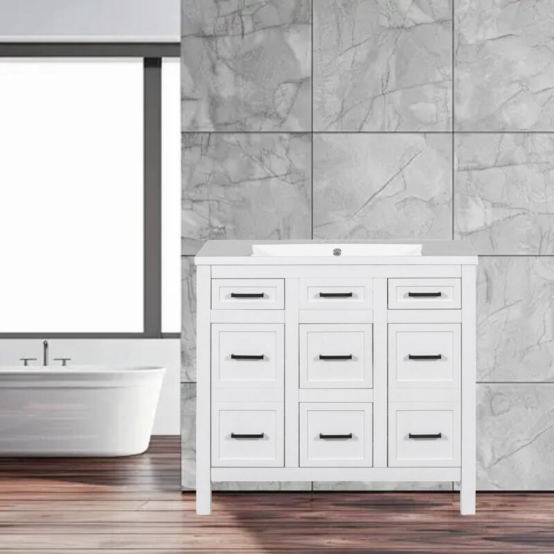 Transitional 36" Bathroom Vanity Cabinet with Stain-Resistant Resin Sink, 4 Drawers, 2 Doors, Adjustable Storage - White