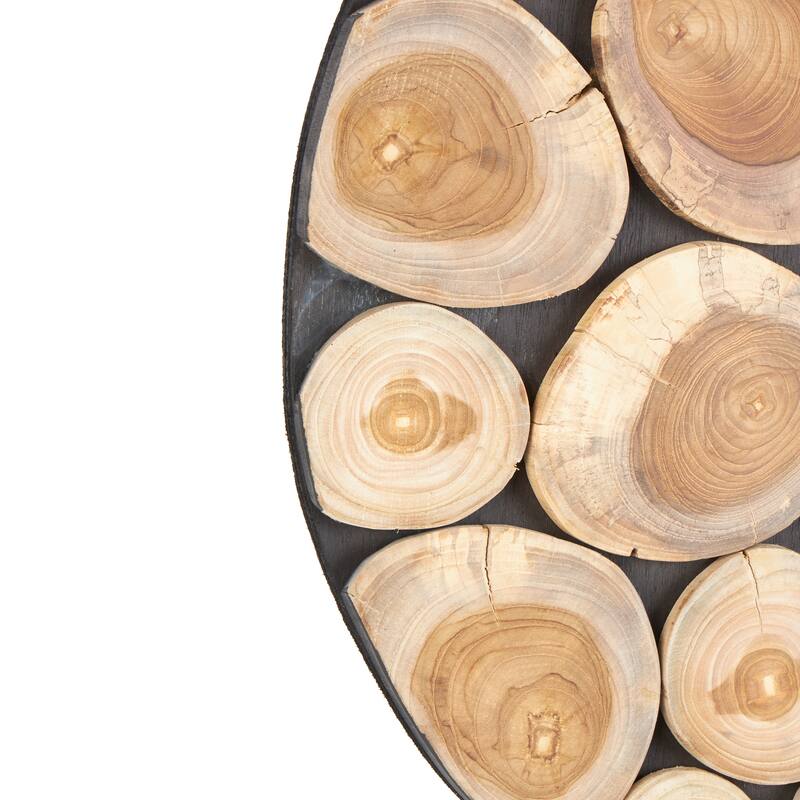 Brown Teak Wood Handmade Round Mosaic Inspired Wood Slab Abstract Home Wall Decor with Black Backing