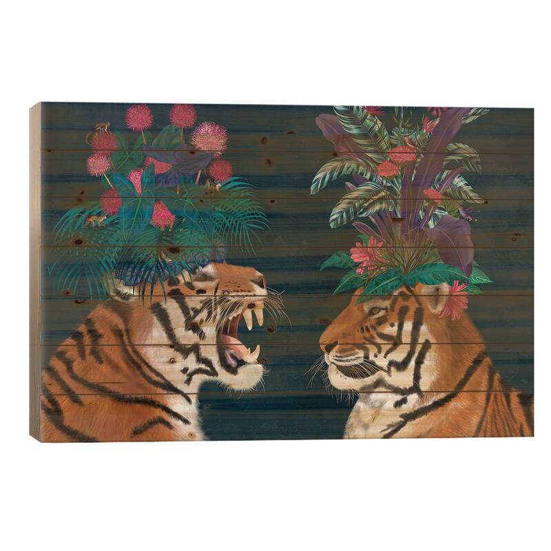 Hot House Tigers, Pair, Dark Print On Wood by Fab Funky - Multi-Color - 26x40x1.5
