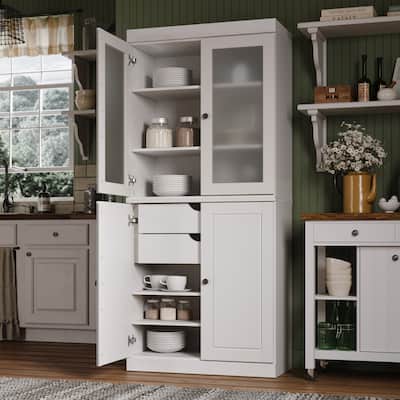 100% Solid Wood Kitchen Pantry Cabinet with 2 Frosted Glass Doors, 2 Solid Wood Doors, and 2-Drawer Organizer by Palace Imports
