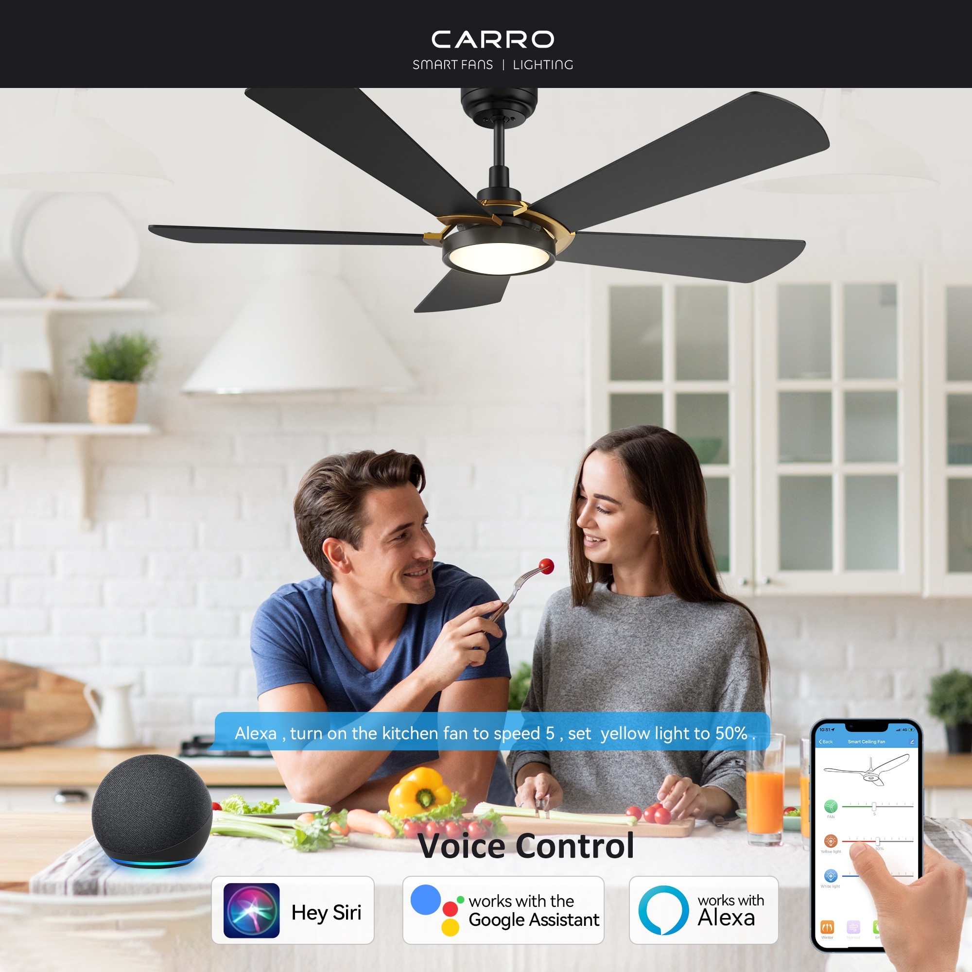 Bariington 56 inch Indoor Outdoor Smart Ceiling Fan Dimmable LED Light Kit and Remote Works with Alexa Google Home Siri