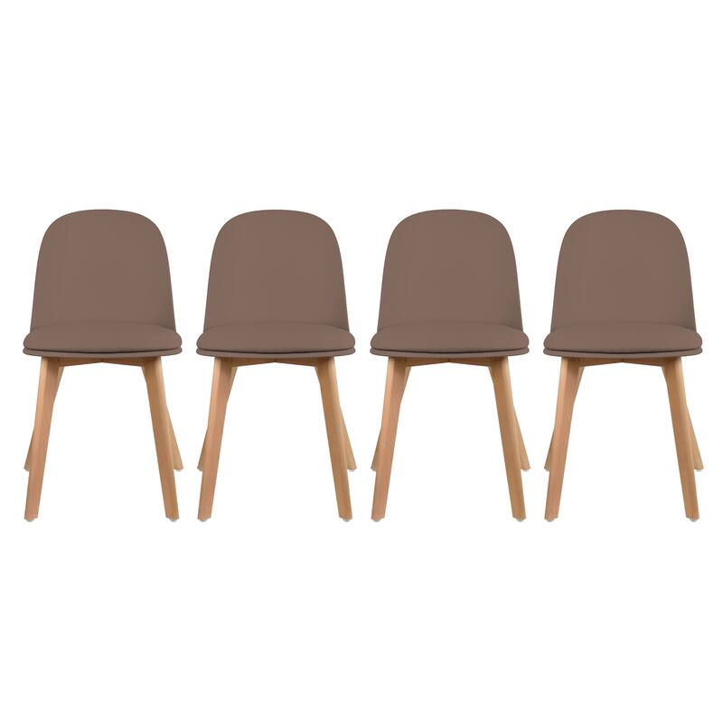 Set of 4 Plastic Dining Chairs Padded Cushion Faux Leather Wooden Legs For Kitchen Waiting Room Outdoor Party - Brown