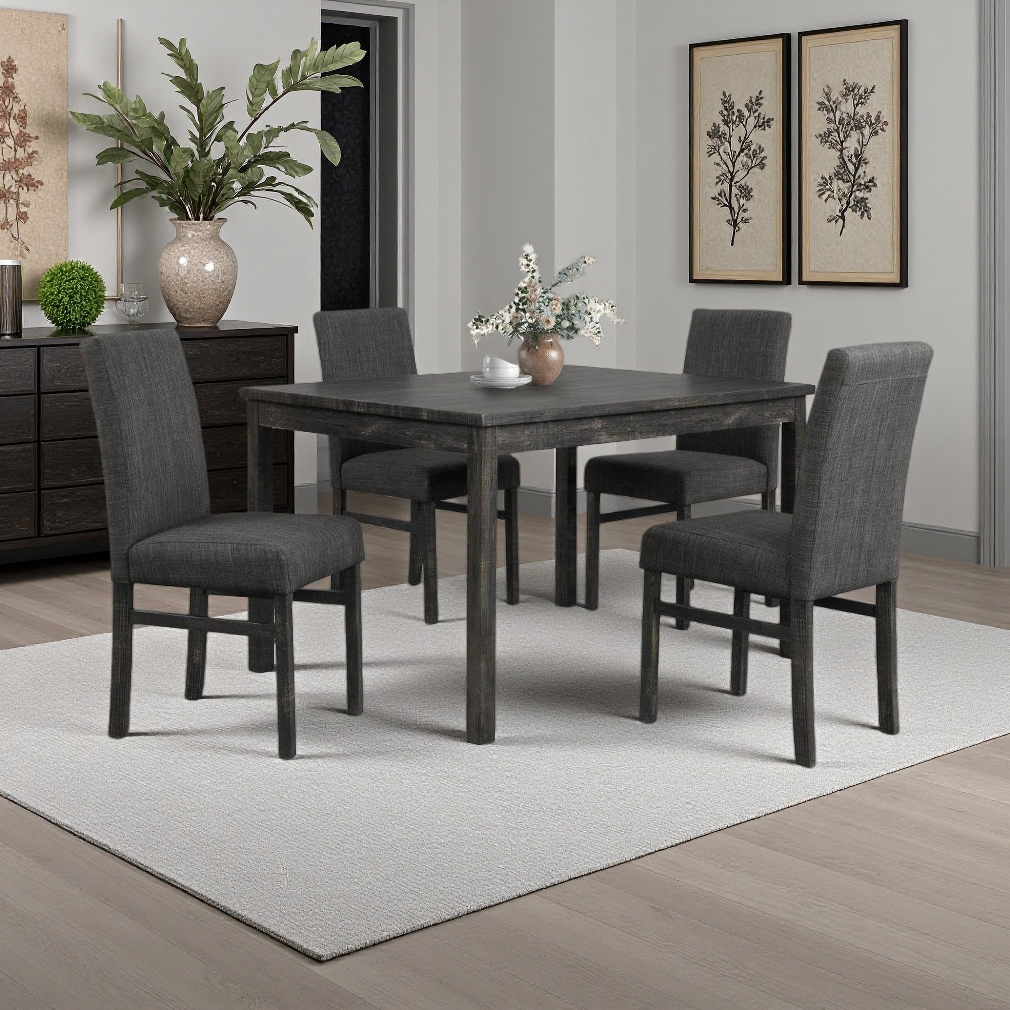 Set of 5 Transitional Dining Room Set 48"L Wooden Table with 4 Upholstered Side Chairs - Easy Assembly, Linen-Blend Fabric