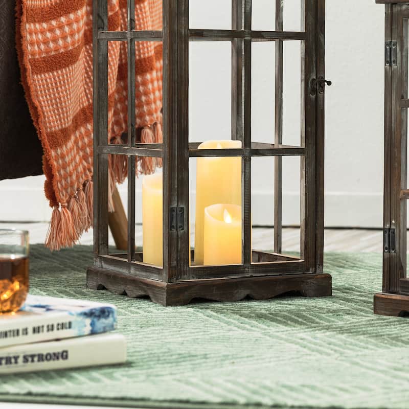 Glitzhome Farmhouse Wooden Metal Cage Candle Holders Patio Hanging Vintage Lanterns (Set of 2)
