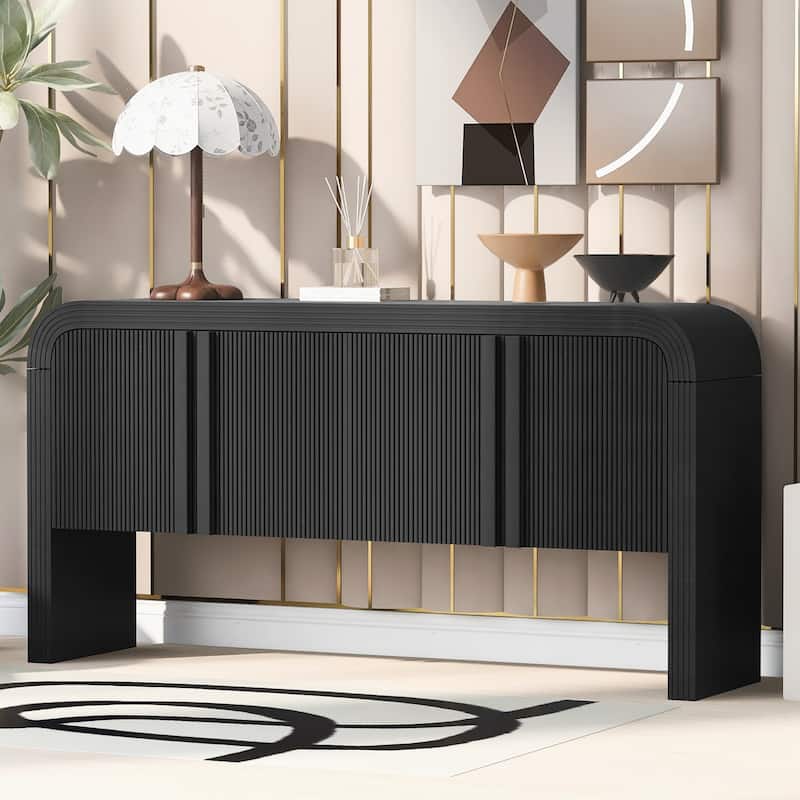 63-Inch Wave-Pattern Console Table with 4 Doors and Adjustable Shelf,Curved design Sofa Table Behind Couch - Black