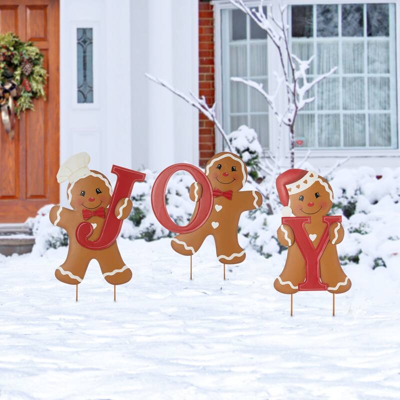 Glitzhome Metal "JOY" Snowman or Gingerbread Man Yard Stake
