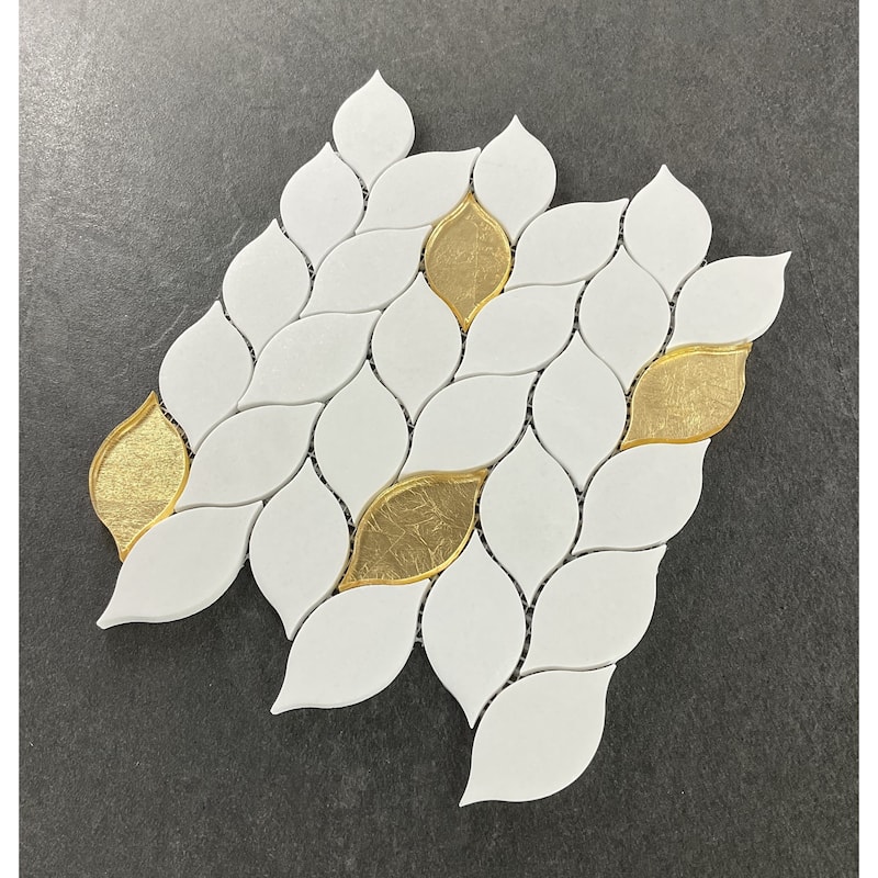 Thassos White Marble And Gold Glass Mosaic Wall Tiles - Case (10 Sheets)