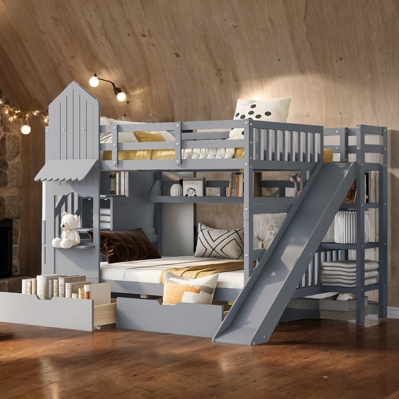 Impression Castle Style Full Over Full Bunk Bed with 2 Drawers 3 Shelves and Slide Sturdy construction Extra Fun Gray On Sale Bed Bath Beyond 39768664