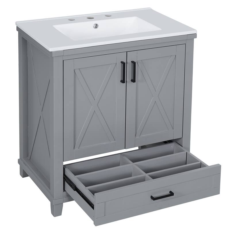 30 Inch Bathroom Vanity Single Sink Solid Wood MDF 2 Soft Close Doors 1 Divided Drawer