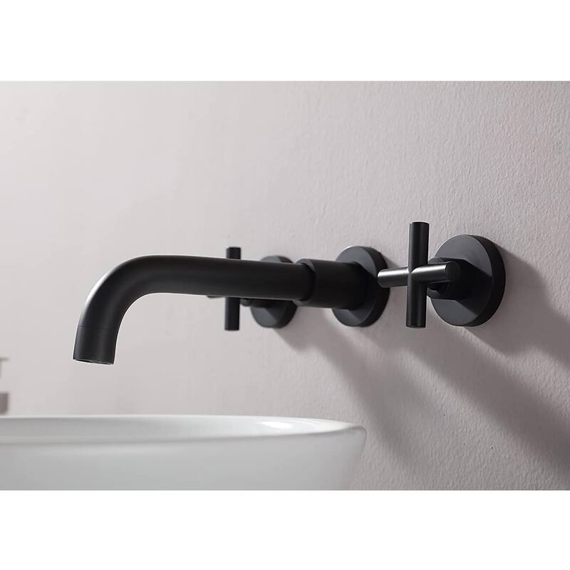 Wall Mounted Bathroom Sink Faucet Double Handle Bathroom Faucet 3 Holes Modern Lavatory Basin Vanity Tap With Valve, NO DRAIN