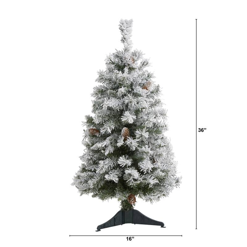 3ft. Flocked Pine Artificial Christmas Tree with Pinecones - Compact Snowy Seasonal Holiday X-Mas Accent