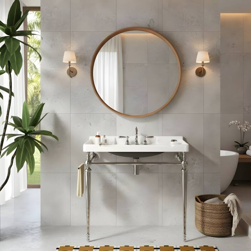 Wall-Mounted Bathroom Vanity with Ceramic Basin and Metal Legs - 36 - Chrome+White