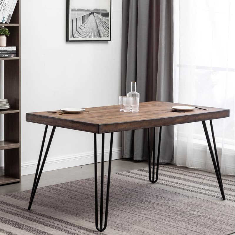 Industrial Metal Hairpin Design Dining Table, Rustic Dark Pine