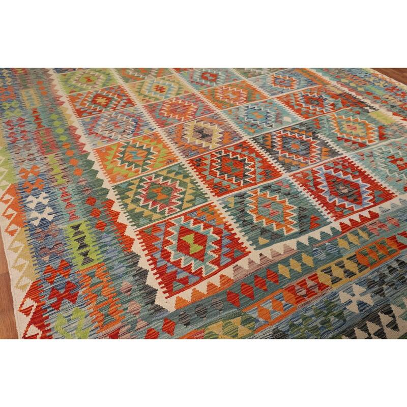 Geometric Colorful Kilim Oriental Area Rug Flatweave Wool Carpet - 9'9" x 13'0"