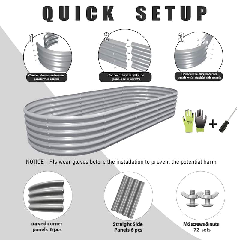 Outdoor 8 ft. x 3 ft. x 1.5 ft. Oval Galvanized Metal Raised Garden Bed - 8 ft. x 3 ft. x 1.5 ft.