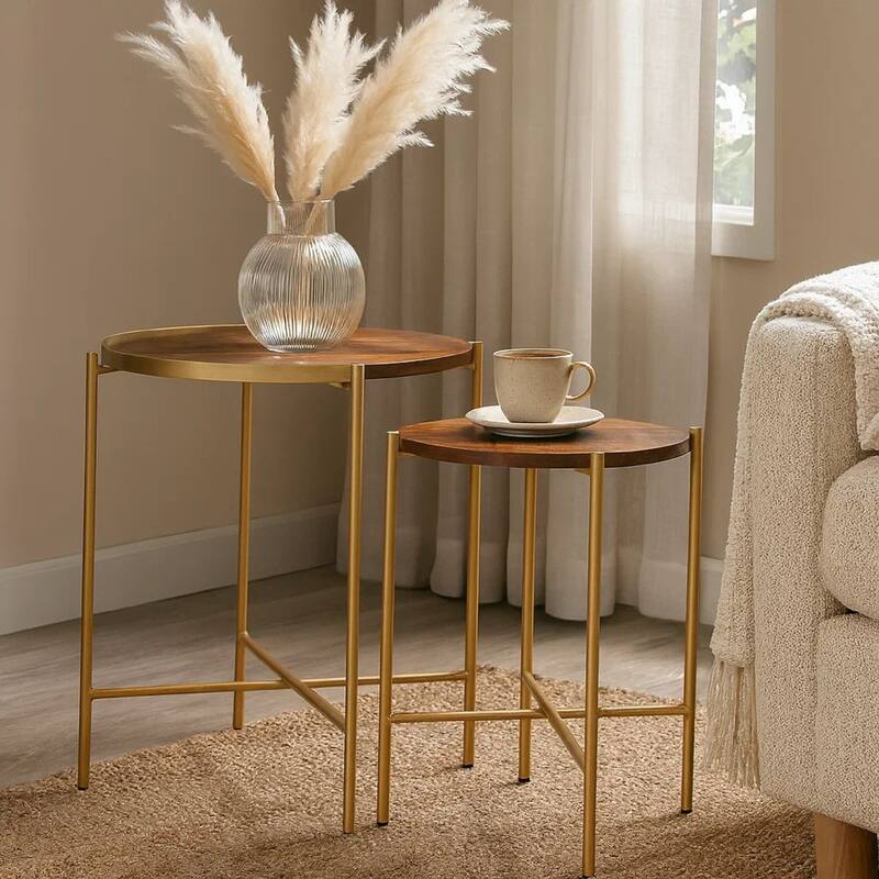 2 Piece Round Nesting Tables, Gold Iron, Modern Mango Wood, Warm Brown