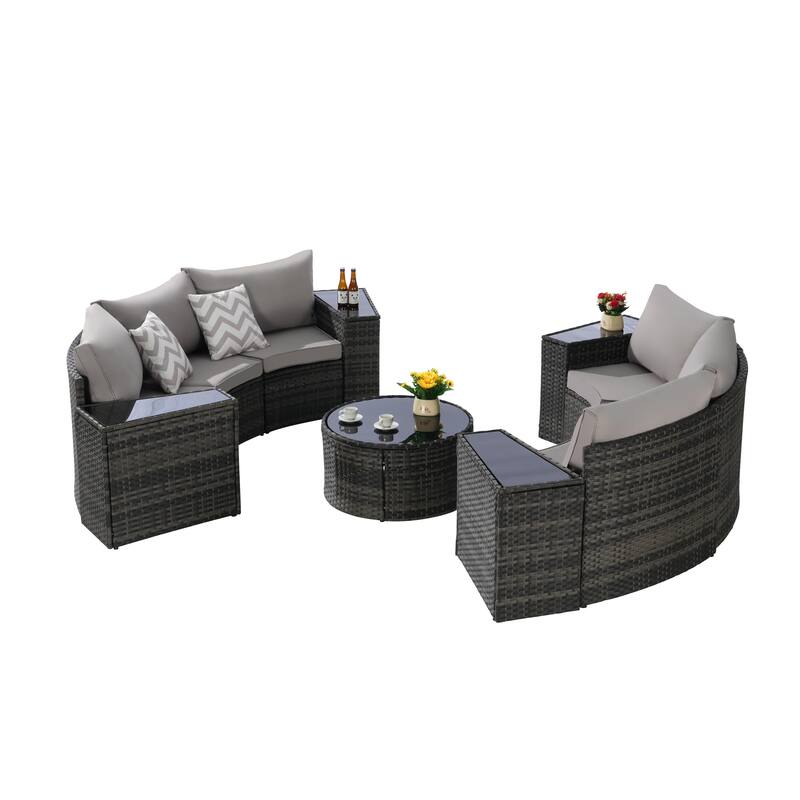 11-Piece Outdoor Half-Round Modular Sectional Sofa Set with Tempered Glass Coffee Table and 4 Side Table